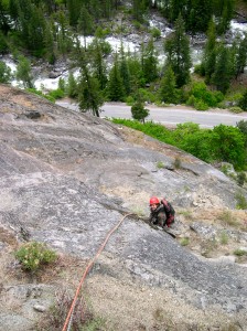 Shirley belaying me on pitch 3 of R & D route (May 2004).